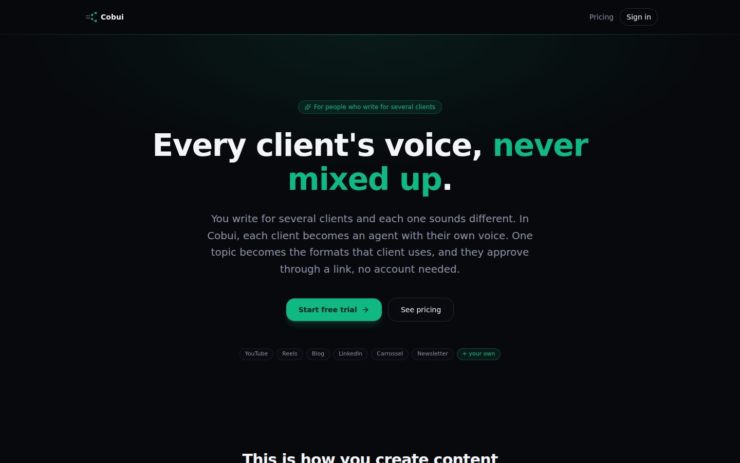Cobui — agente de conteúdo multi-formato