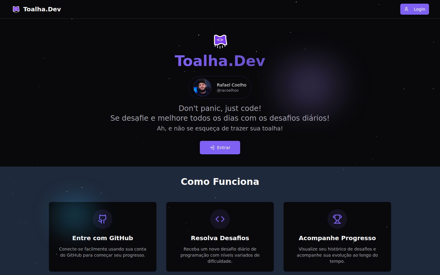 toalha.dev — desafios diários de código, gamificados