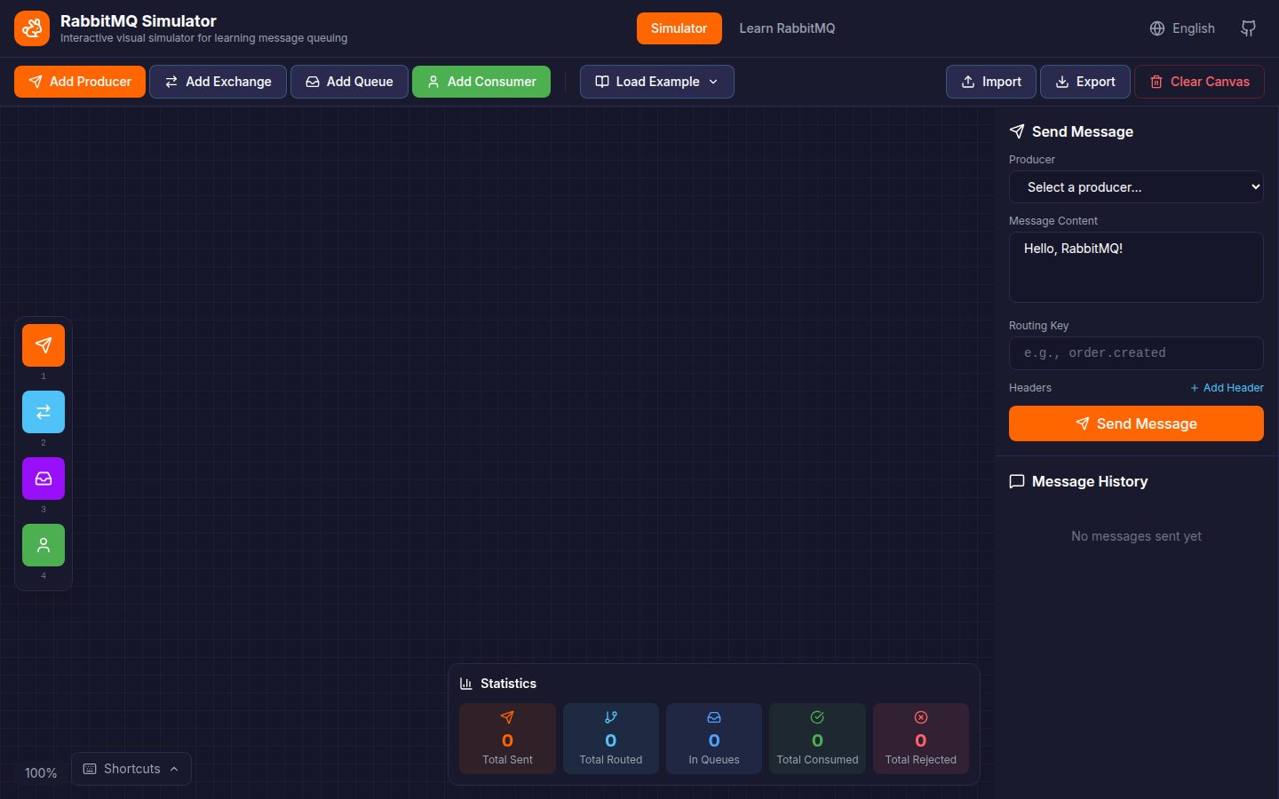 RMQ Simulator — RabbitMQ visual no browser