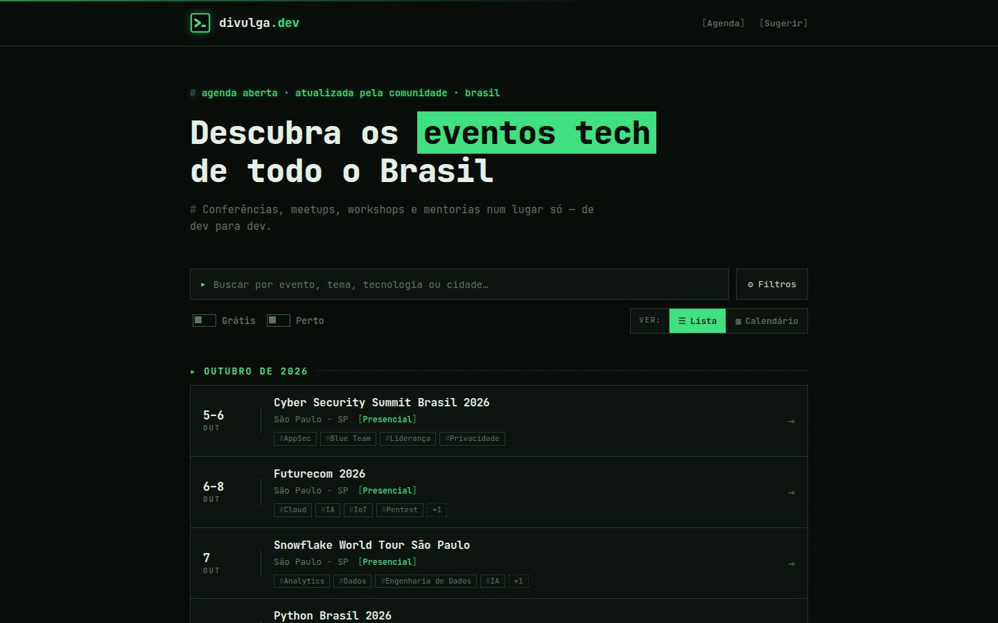 divulga.dev — agenda de eventos tech do Brasil